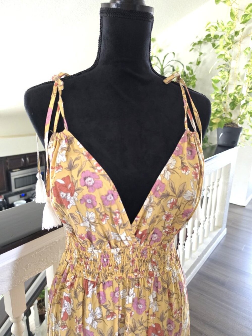 Inspired Hearts Yellow Floral V-Neck Tassel Tie Strappy Maxi Dress Womens L - Picture 7 of 10